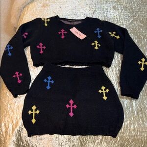 Black Sweater Set with Colorful Cross Patterns